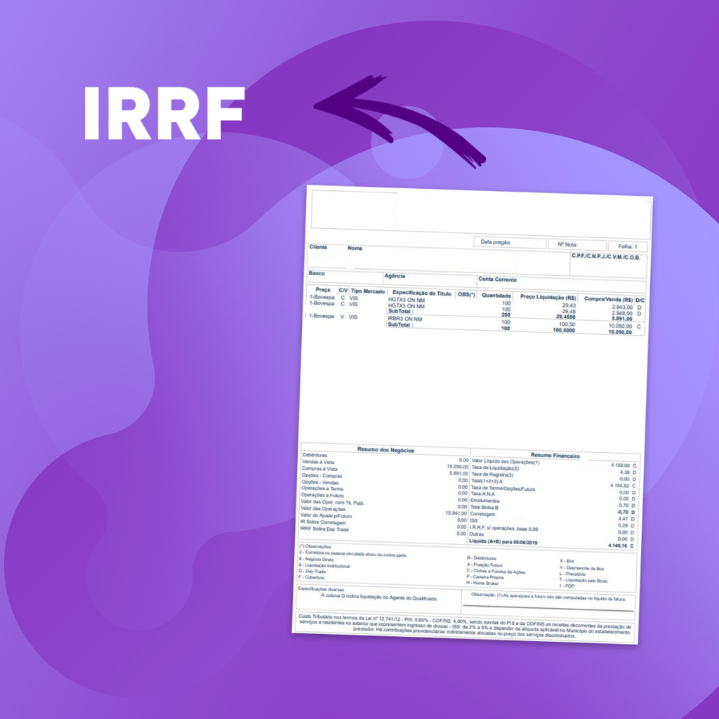 foto de uma nota de corretagem com seta para o IRRF